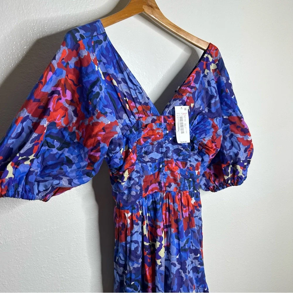 NWT Ro's Garden 100% Cotton Blue Red Floral Puff Sleeve Nieves Maxi Dress Small